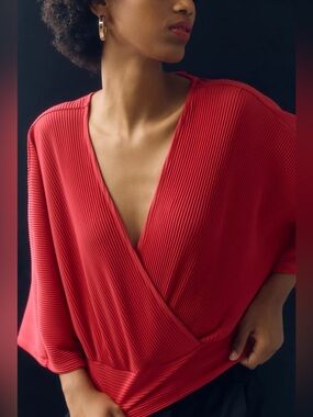 By Anthropologie Ribbed Surplice Wrap Top Red Dolman Sleeve Blouse Size L